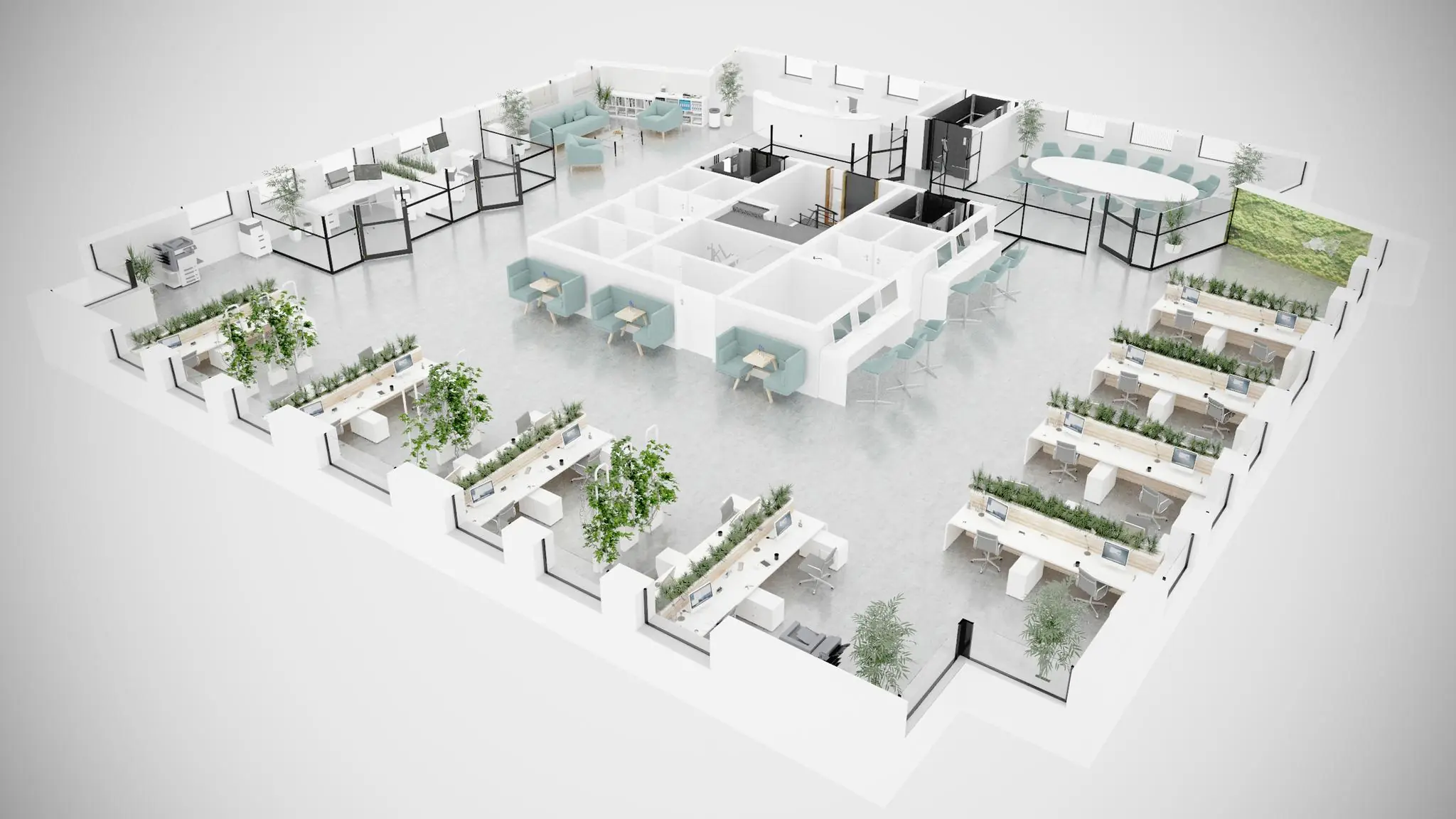 3D-visualisatie van een modern en open kantoorpand in Rivium Quadrant met werkplekken, vergaderruimtes en groenaccenten.